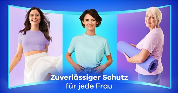 Hellblauer Hintergrund mit Farbverlauf, Abbildungen von 3 Damen unterschiedlichen Alters