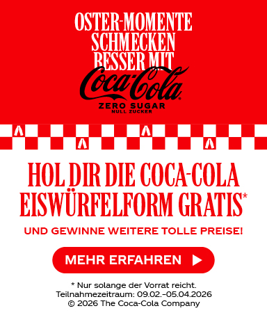 Werbebanner zur Coca-Cola Zero Sugar Osteraktion: Eiswürfelform gratis sichern und weitere Preise gewinnen, Button „Mehr erfahren“.