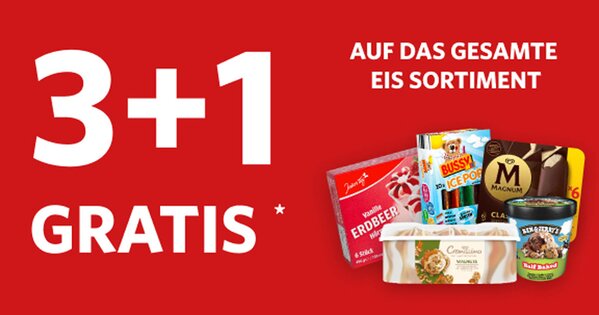 3+1 Gratis Aktion auf das gesamte Eis-Sortiment