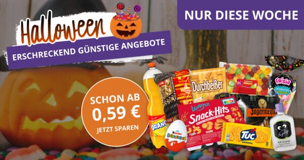 Halloween-Werbebanner mit Kürbis und verschiedenen Süßigkeiten, Snacks und Getränken. Aktion „Erschreckend günstige Angebote“ ab 0,59 € – nur diese Woche.